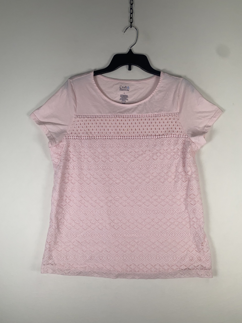 Croft & Barrow T-shirt Womens Large Pink Lace Front Crew Neck Short Sleeve Top